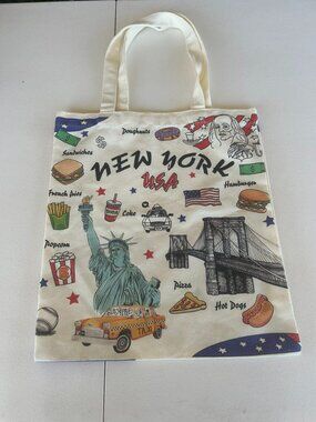 New York USA Canvas Tote Statue of Liberty Brooklyn Bridge Taxi Travel Shopper